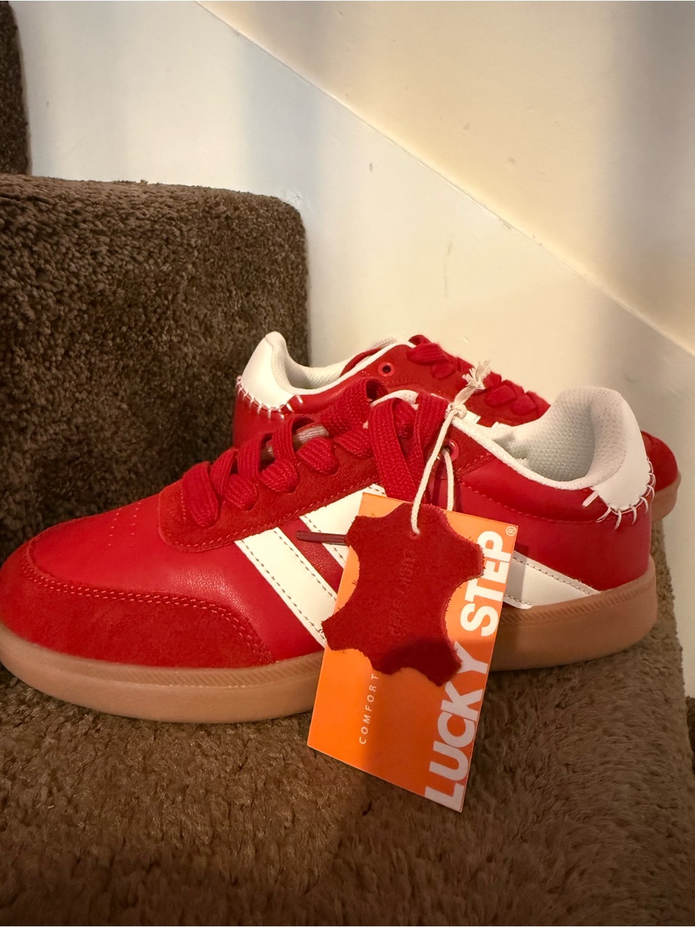 Lucky Step Women's Red Lace-Up Sneakers with White Stripe